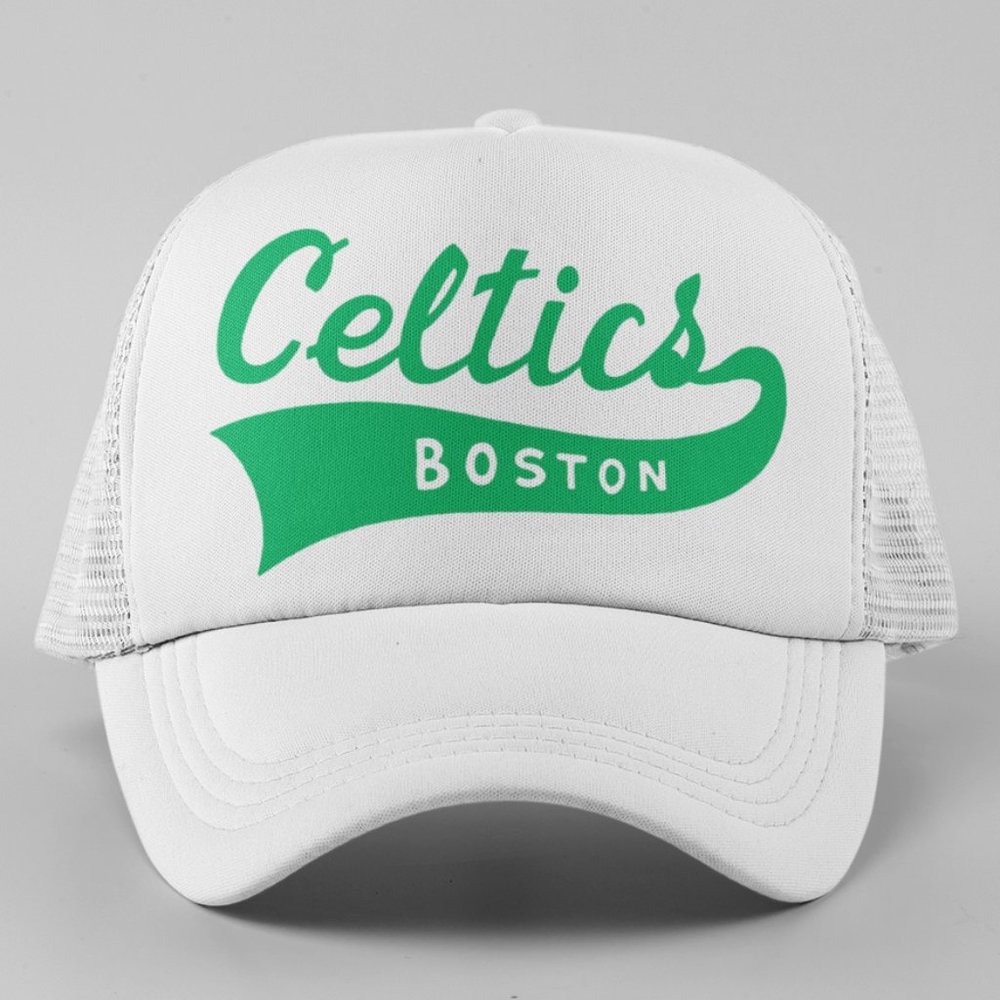 NEW Boston Celtics Baseball Script Swash Foam Trucker Mesh Snapback Hat WHITE